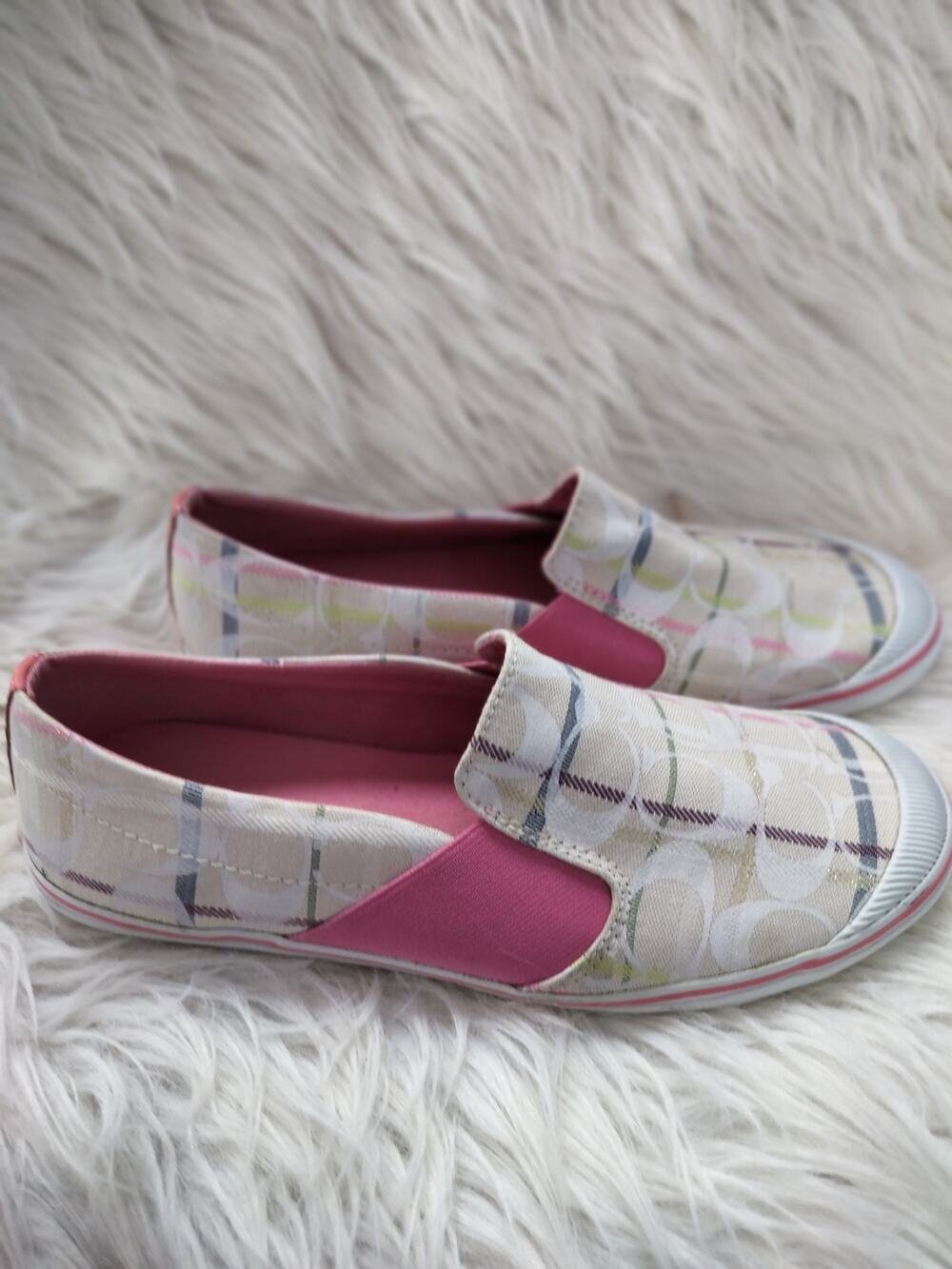 6010)Coach Beale Cream Pink Multicolor Plaid Print Slip On Canvas Sneaker US 9.5